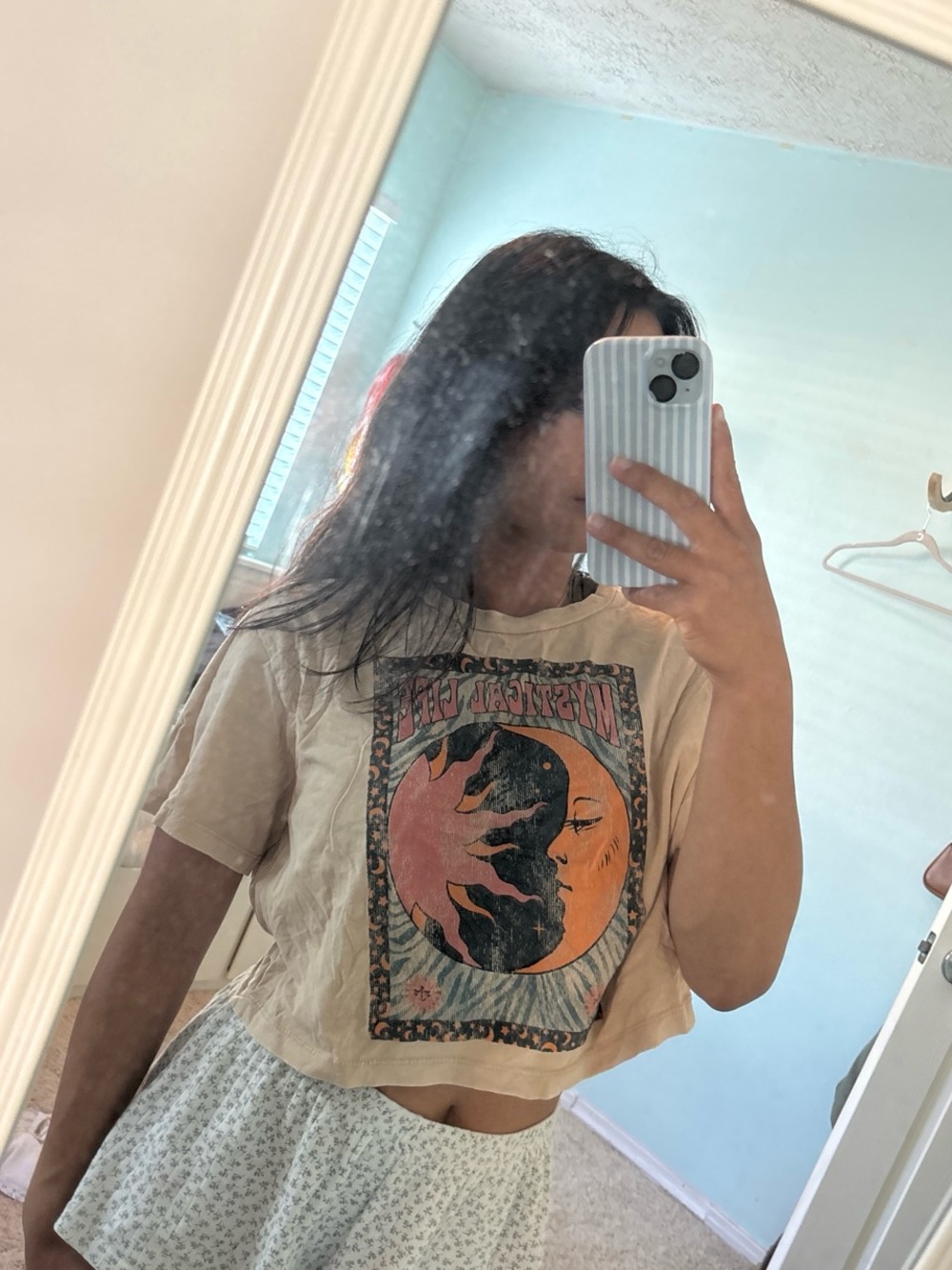 Mystical Life Graphic Crop Tee - Beige with Pink & Orange Print